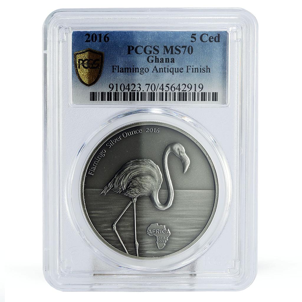 Ghana 5 cedis Endangered Wildlife Flamingo Bird Fauna MS70 PCGS silver coin 2016