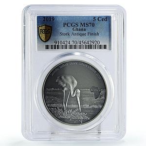 Ghana 5 cedis Endangered Wildlife Stork Bird Fauna MS70 PCGS silver coin 2019