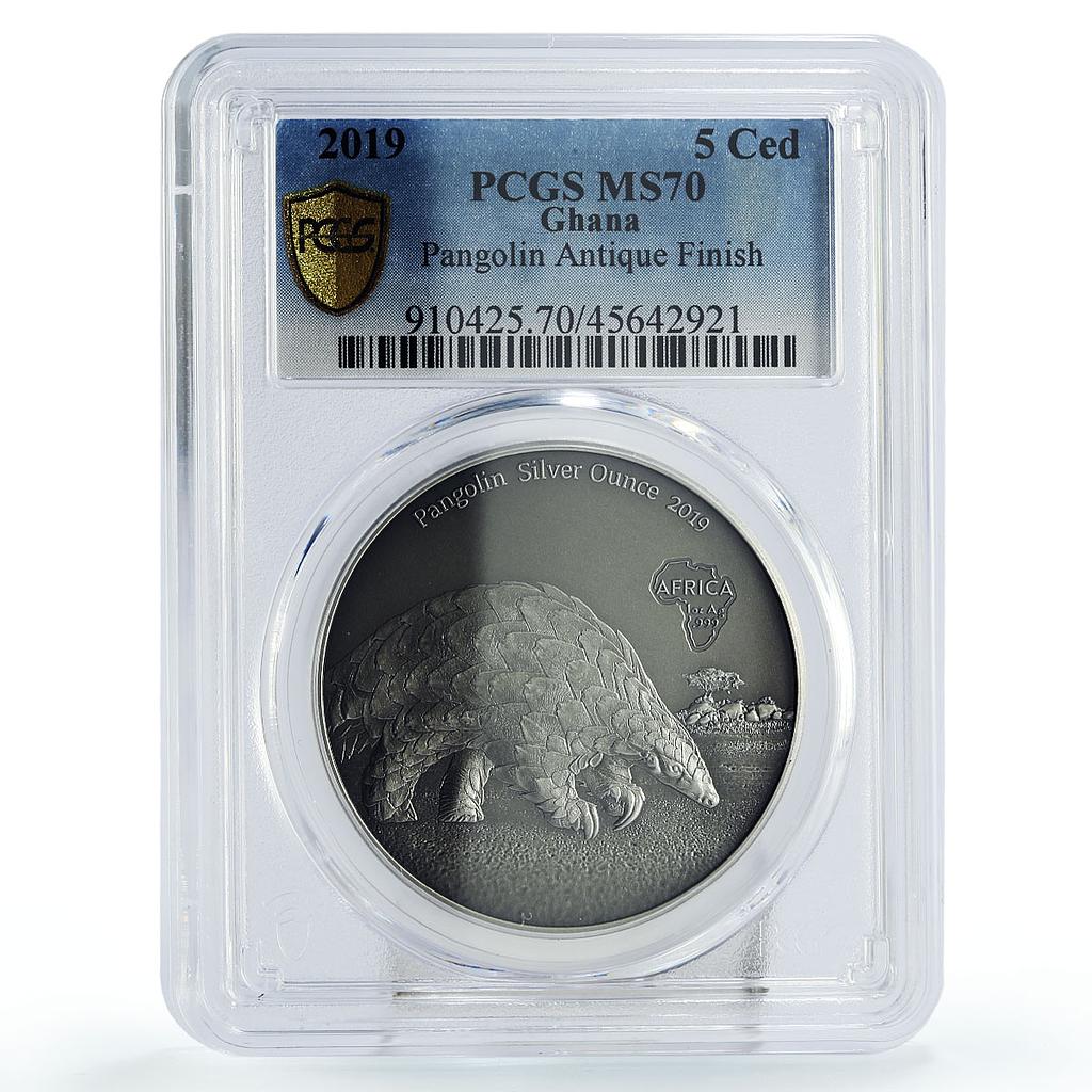 Ghana 5 cedis Endangered Wildlife Pangolin Fauna MS70 PCGS silver coin 2019