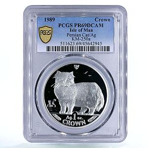 Isle of Man 1 crown Home Pets Persian Cat Animals PR69 PCGS silver coin 1989