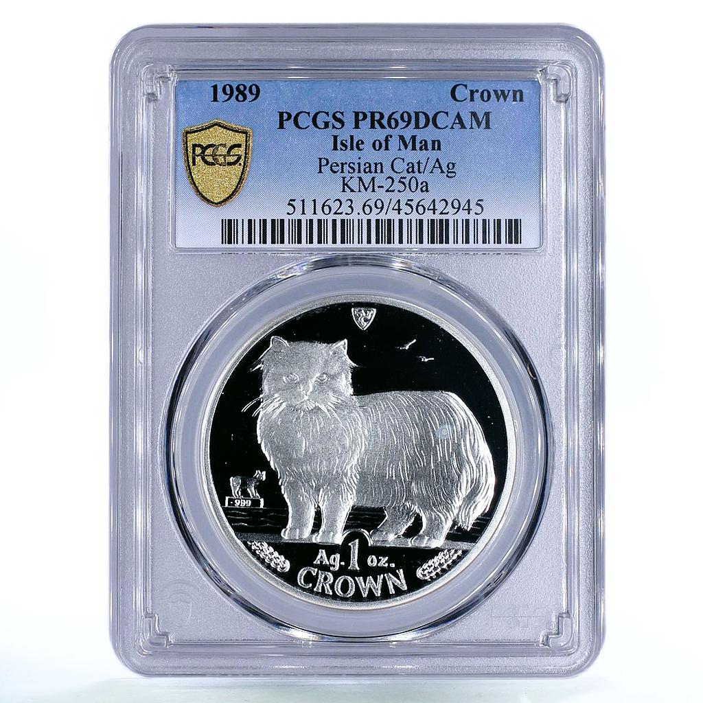 Isle of Man 1 crown Home Pets Persian Cat Animals PR69 PCGS silver coin 1989