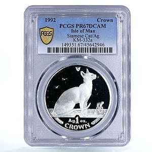 Isle of Man 1 crown Home Pets Siamese Cat Animals PR67 PCGS silver coin 1992