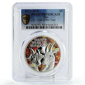 Niue 1 dollar Year of the Goat Animals Fauna PR70 PCGS colored silver coin 2015