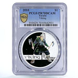 Tuvalu 1 dollar Great Warriors Viking Soldier PR70 PCGS colored silver coin 2010