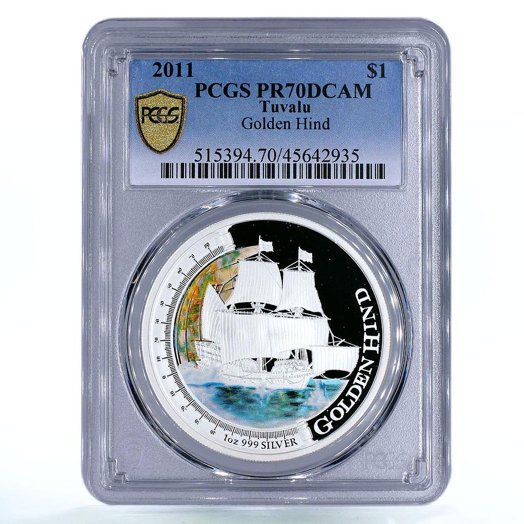 Tuvalu 1 dollar Golden Hind Ship Clipper PR70 PCGS colored silver coin 2011