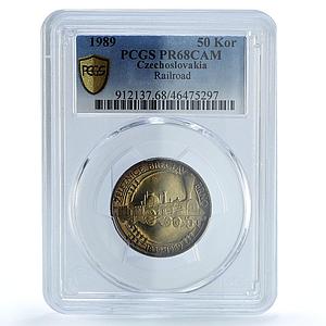 Czechoslovakia 50 korun Breclav Brno Railroad Train PR 68 PCGS silver coin 1989