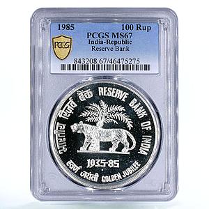 India 100 rupees Federal Bank Palm Tree Tiger Fauna MS67 PCGS silver coin 1985