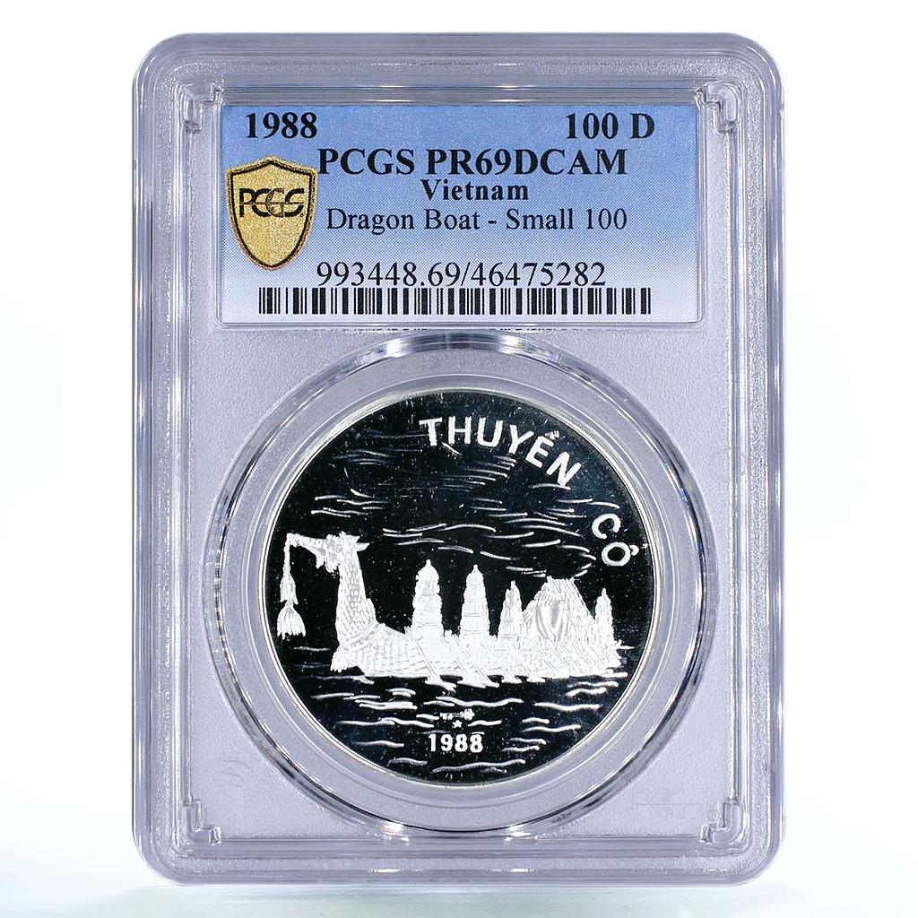 Vietnam 100 dong Historic Ship Dragon Boat Small 100 PR69 PCGS silver coin 1988