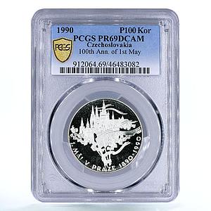 Czechoslovakia 100 korun 1st May Show Flags Flowers PR69 PCGS silver coin 1990