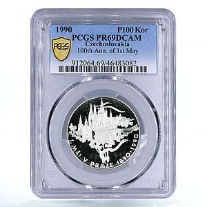 Czechoslovakia 100 korun 1st May Show Flags Flowers PR69 PCGS silver coin 1990