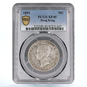 Hong Kong 50 cents Queen Victoria Coat of Arms XF45 PCGS silver coin 1891