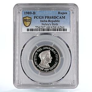 India 1 rupee Premier-Minister Jawaharlal Nehru PR68 PCGS CuNi coin 1989
