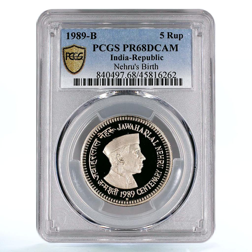 India 5 rupees Premier-Minister Jawaharlal Nehru PR68 PCGS CuNi coin 1989