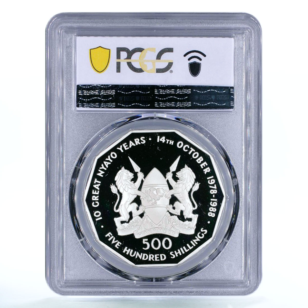 Kenya 500 shillings 10th Anniversary of President Moi PR69 PCGS silver coin 1988
