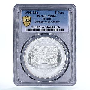 Mexico 5 pesos Serpiente con Craneo Snake Skull MS67 PCGS silver coin 1998