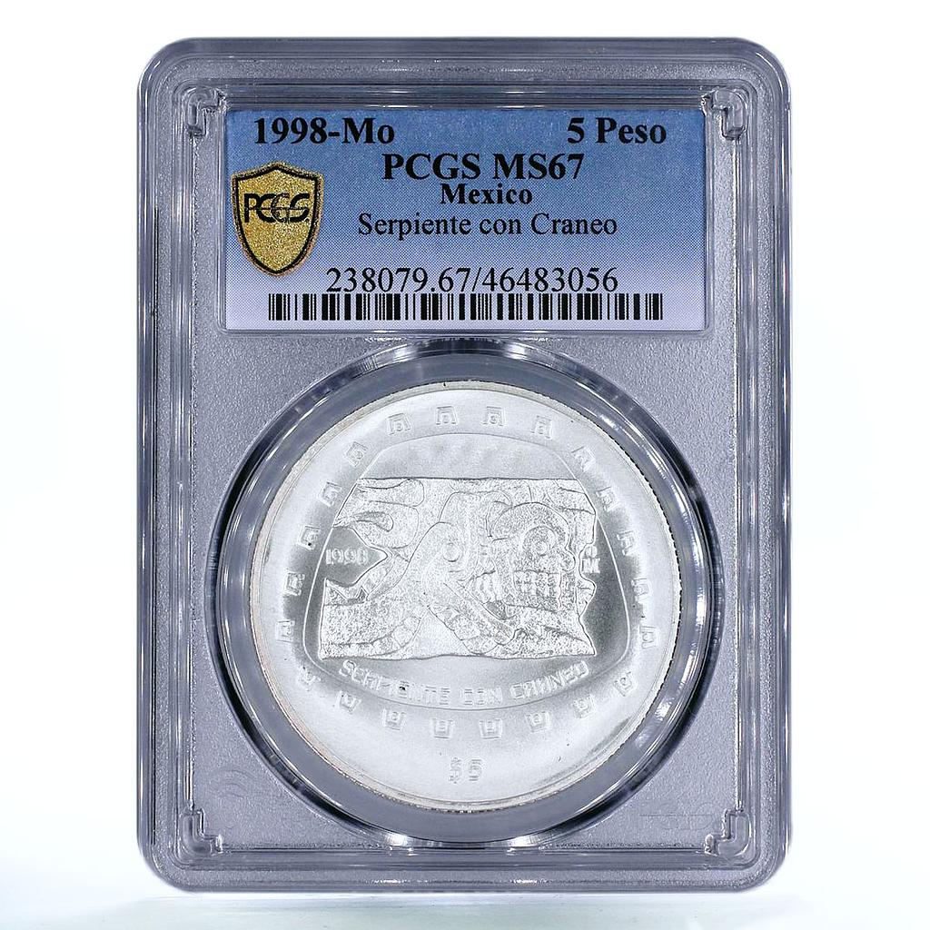 Mexico 5 pesos Serpiente con Craneo Snake Skull MS67 PCGS silver coin 1998