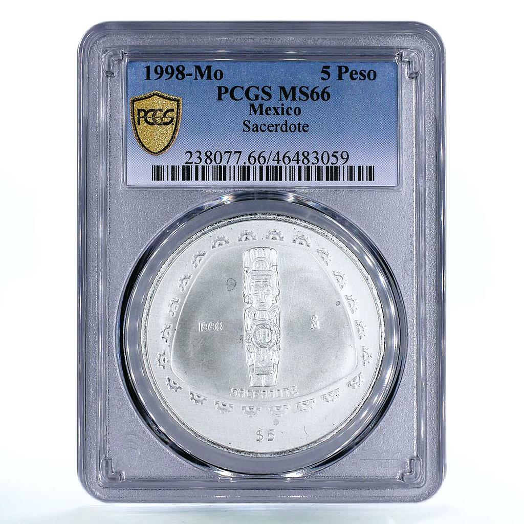 Mexico 5 pesos Precolombina Sacerdote Toltec Statue MS66 PCGS silver coin 1998