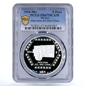 Mexico 5 pesos Precolombina Mascaron Del Dios Chaac PR67 PCGS silver coin 1994