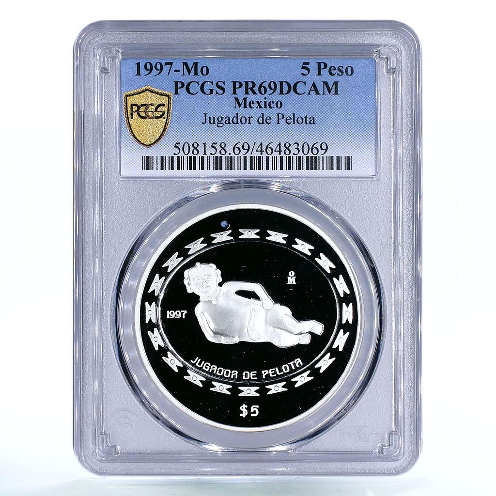 Mexico 5 pesos Precolombina Jugador de Pelota Statue PR69 PCGS silver coin 1997