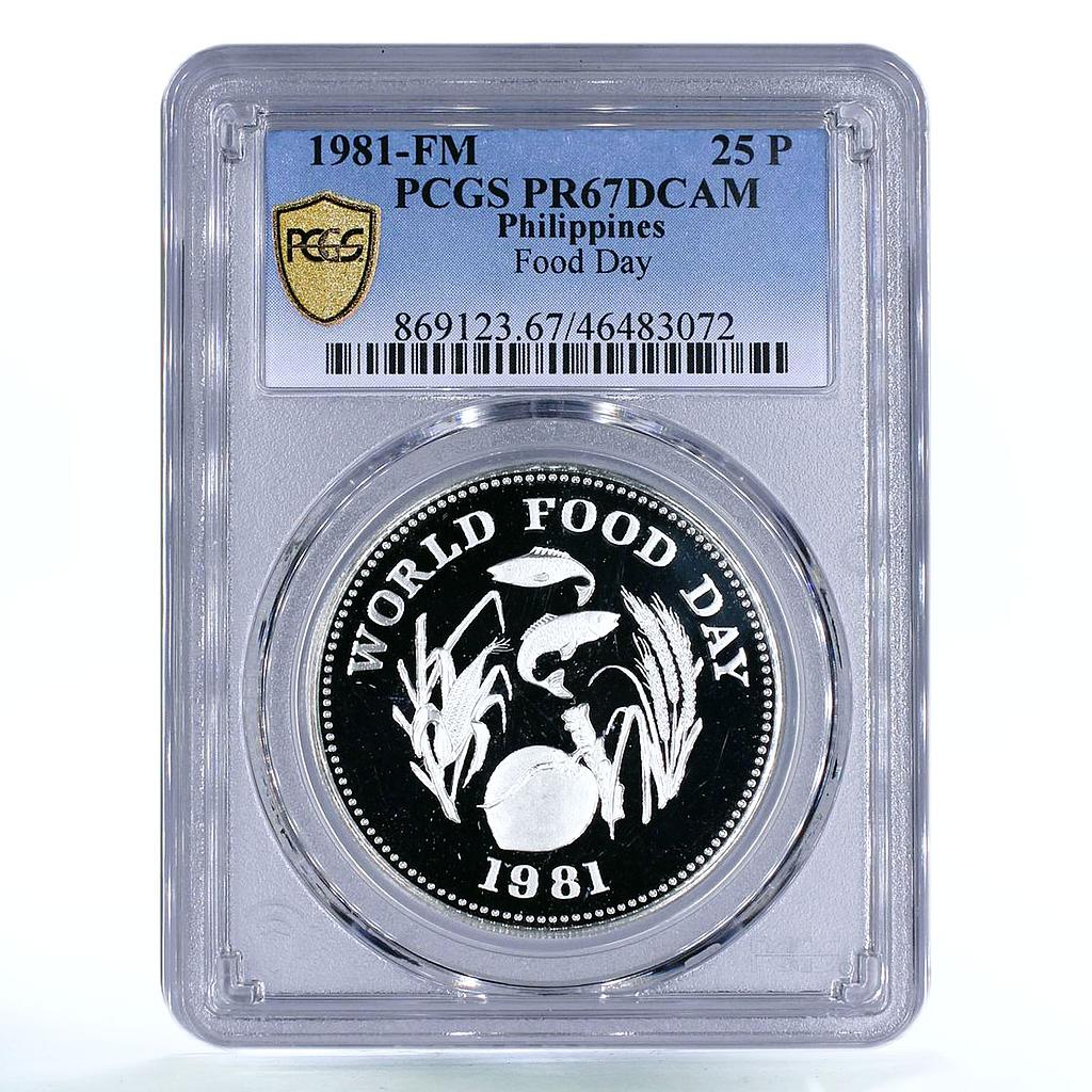 Philippines 25 piso FAO World Food Day Fish Fruits PR67 PCGS silver coin 1981