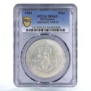 Philippines 1 peso 100 Anniversary Birth Apolina Mabini MS63 PCGS silver 1964