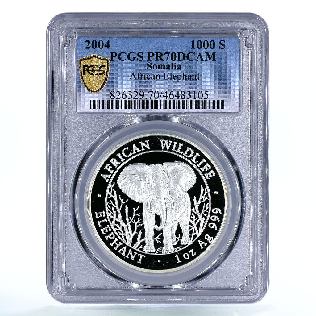 Somalia 1000 shillings African Wildlife Elephant PR70 PCGS silver coin 2004