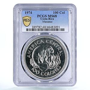 Costa Rica 100 colones Wildlife Conservation Manatee MS68 PCGS silver coin 1974