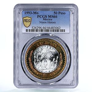 Mexico 50 pesos Ninos Heroes Nine Revolutionaries MS66 PCGS bimetal coin 1993