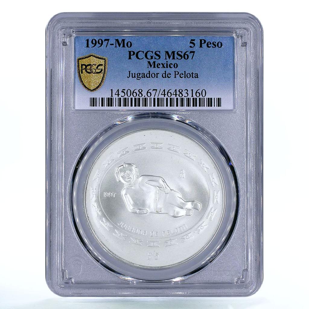 Mexico 5 pesos Precolombina Jugador de Pelota Statue MS67 PCGS silver coin 1997