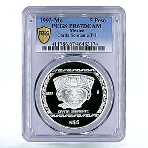 Mexico 5 pesos Precolombina Carita Sonriente Statue PR67 PCGS silver coin 1993