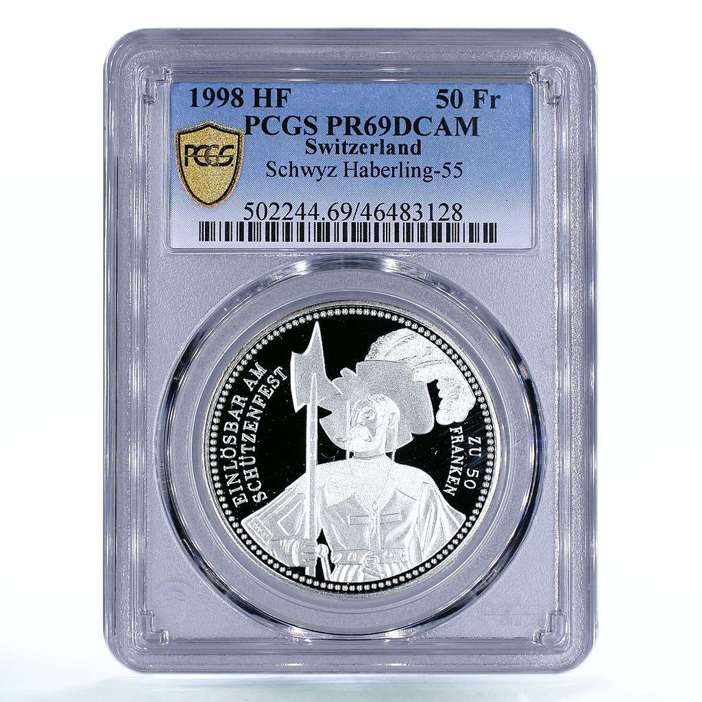 Switzerland 50 francs Schwyz Shooting Festival Soldier PR69 PCGS Ag coin 1998