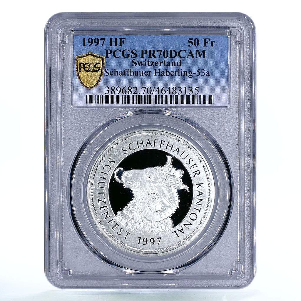 Switzerland 50 francs Schaffhauer Shooting Festival Ram PR70 PCGS Ag coin 1997