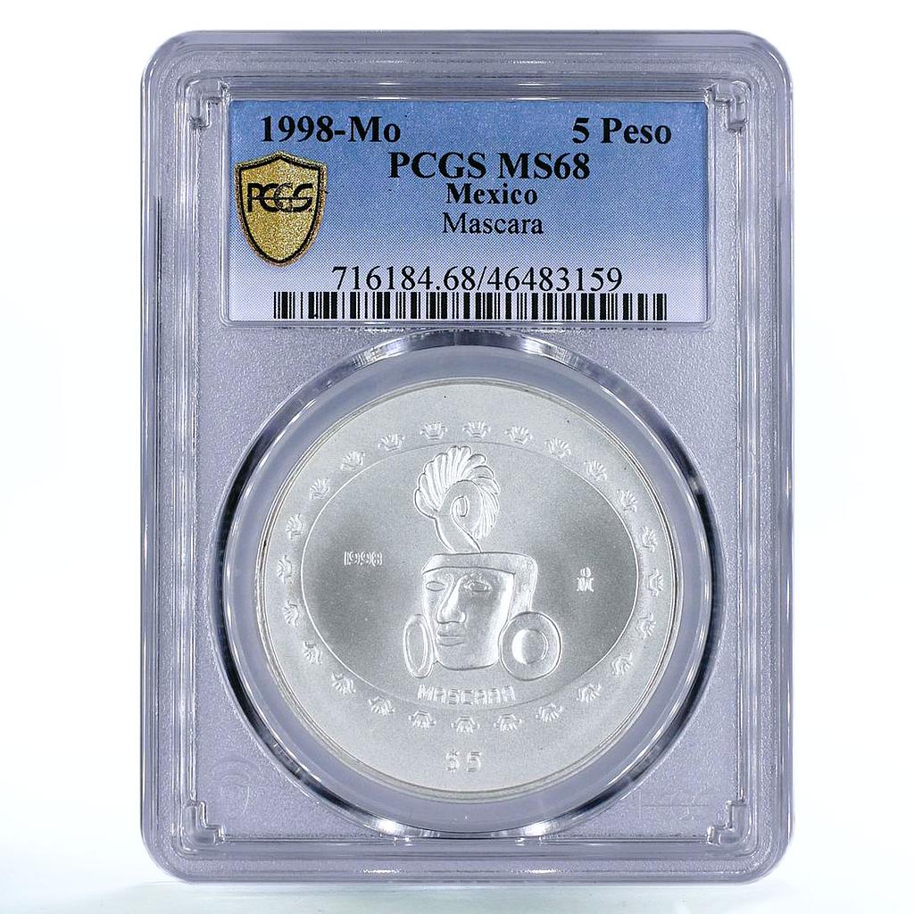 Mexico 5 pesos Precolombina Mascara Sculpture Statue MS68 PCGS silver coin 1998