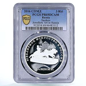 Russia 3 rubles Sazikov Jewerelly Art Troika Horses PR69 PCGS silver coin 2016