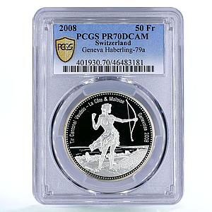 Switzerland 50 francs Geneva Shooting Festival Woman PR70 PCGS Ag coin 2008