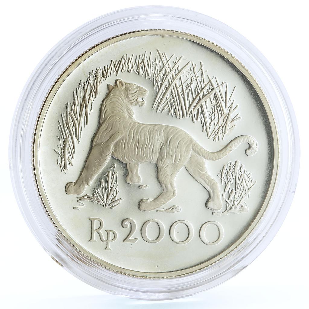 Indonesia 2000 rupiah Endangered Wildlife Javan Tiger Fauna silver coin 1974