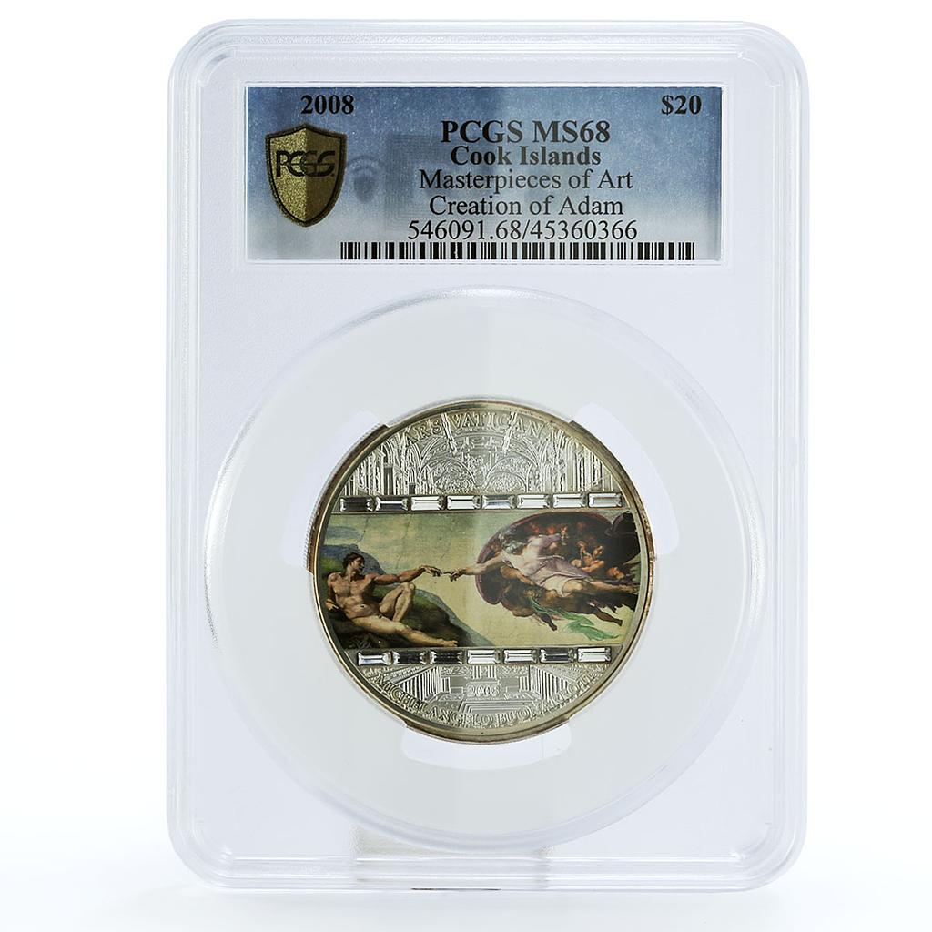 Cook Islands 20 dollars Michelangelo Creation of Adam Art MS68 PCGS Ag coin 2008