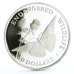 Cook Islands 50 dollars Endangered Wildlife Admiral Butterfly Fauna Ag coin 1992