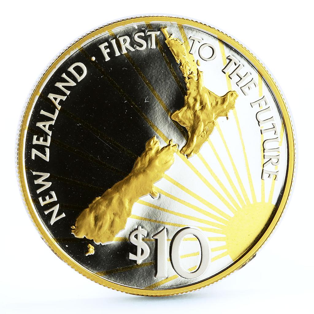 New Zealand 10 dollars 1st to the Future Sun Emblem Map gilded silver coin 2000