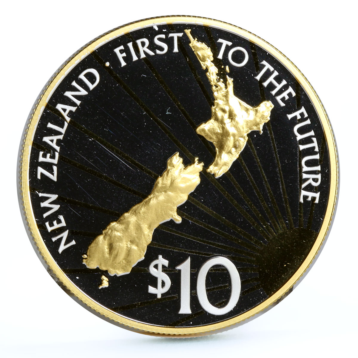 New Zealand 10 dollars 1st to the Future Sun Emblem Map gilded silver coin 2000