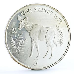 Zaire 5 zaires Endangered Wildlife Okapi Animals Fauna proof silver coin 1975