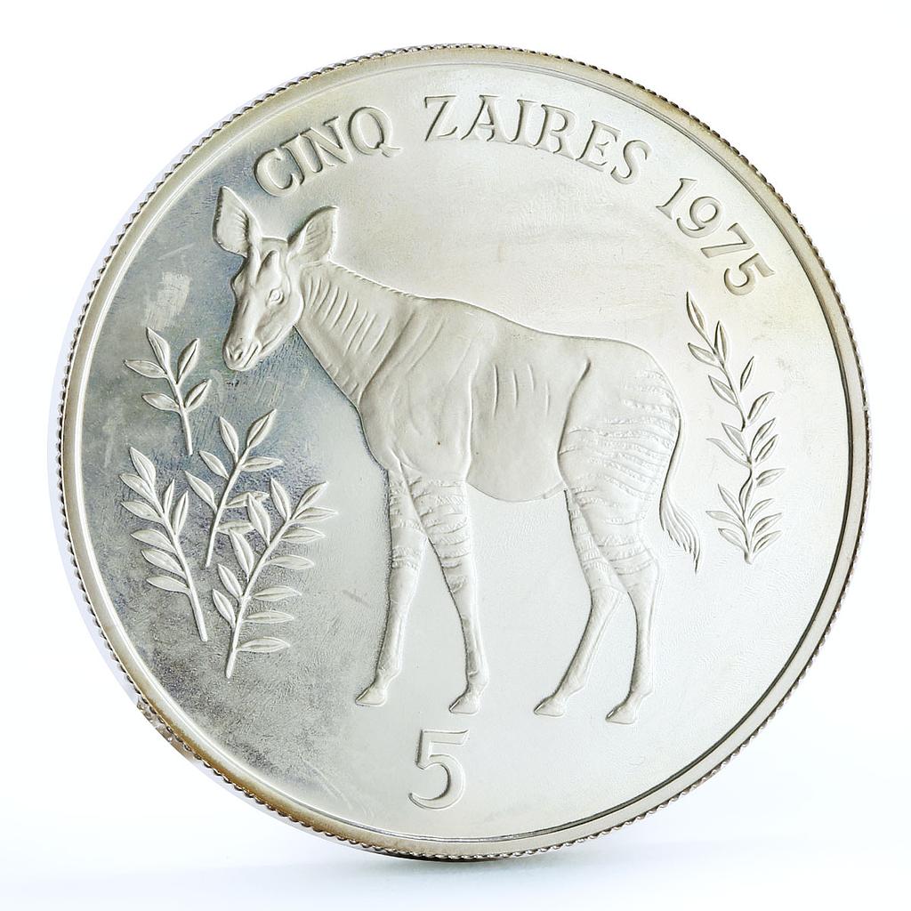 Zaire 5 zaires Endangered Wildlife Okapi Animals Fauna proof silver coin 1975
