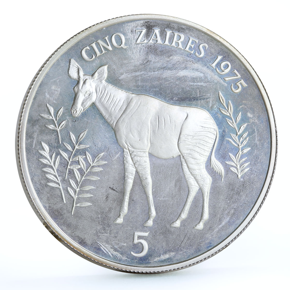 Zaire 500 zaires Endangered Wildlife Okapi Animals Fauna proof silver coin 1975
