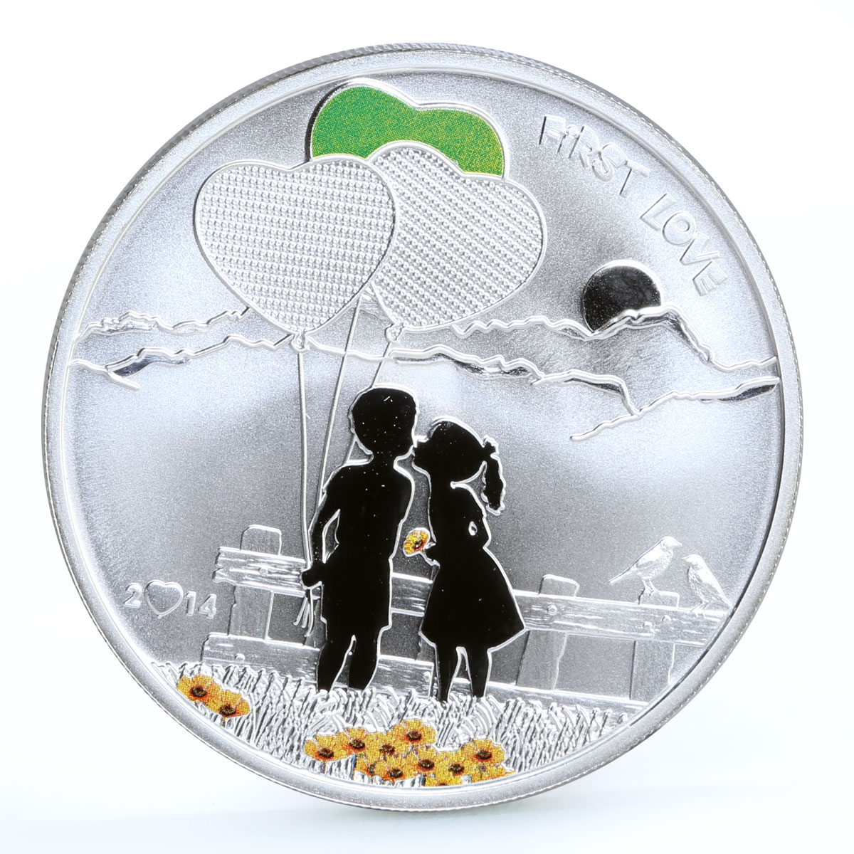 Cook Islands 5 dollars First Love Boy Girl Hearts Balloons silver coin 2014