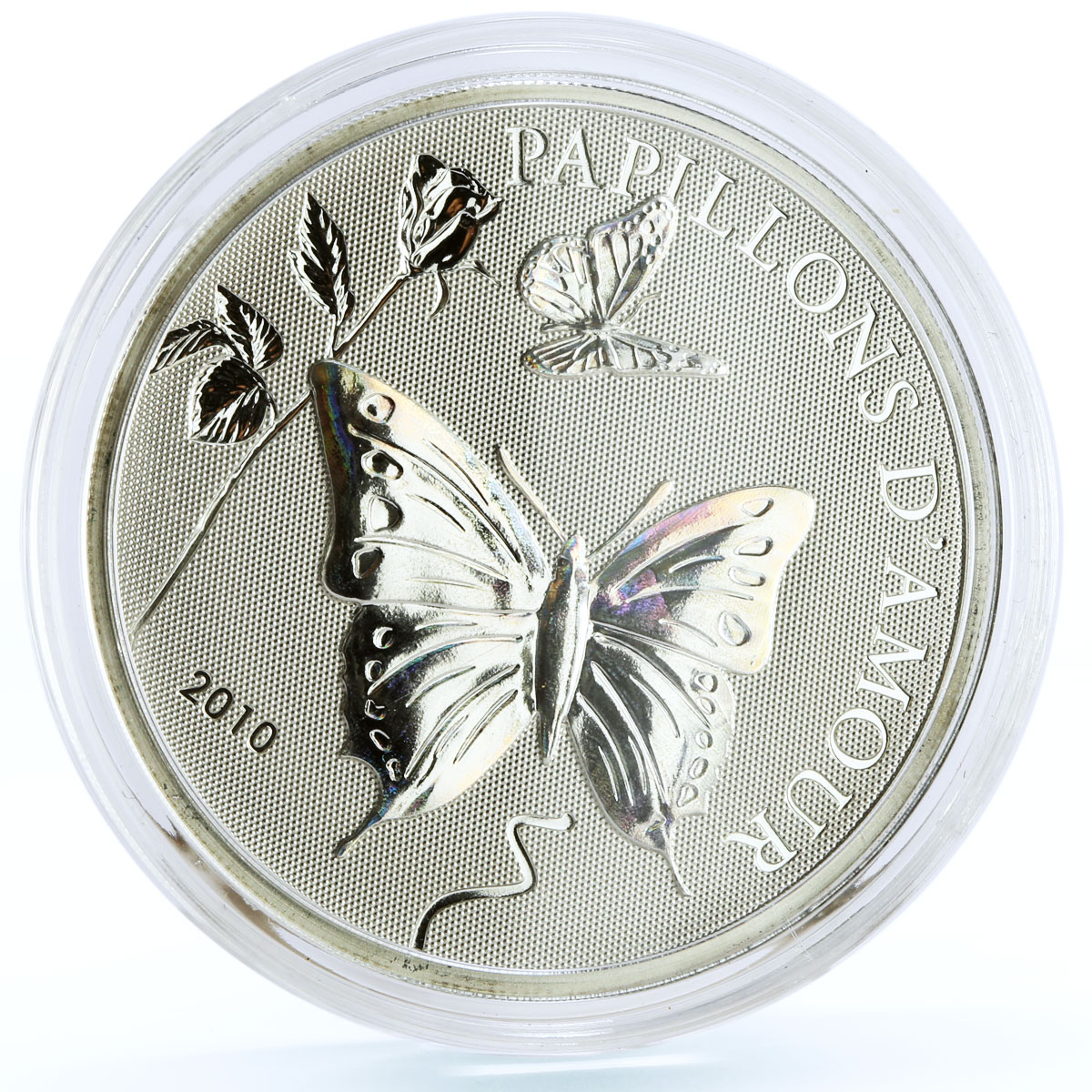 Cameroon 1000 francs Butterflies of Love Rose Flower hologram silver coin 2010