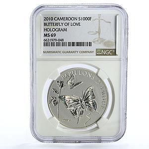 Cameroon 1000 francs Butterflies of Love Rose Flower NGC MS69 silver coin 2010