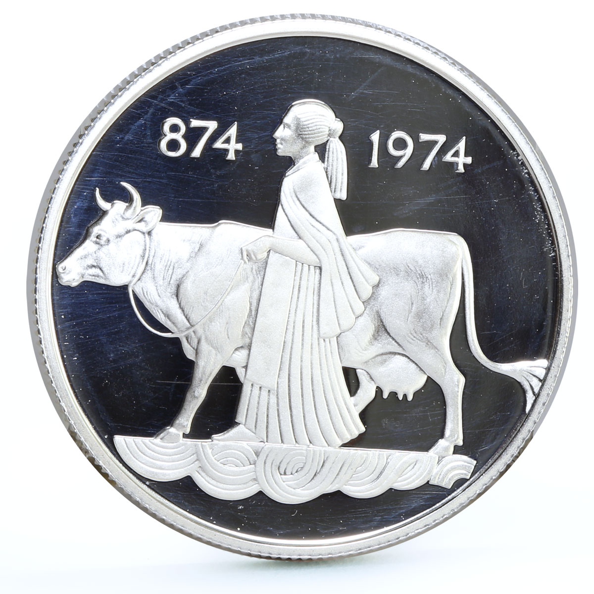 Iceland 500 kronur 1100 Years of 1st Settlement Woman Cow proof silver coin 1974