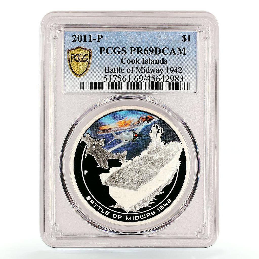 Cook Islands 1 dollar Midway Battle Aircraft Ship Plane PR69 PCGS Ag coin 2011