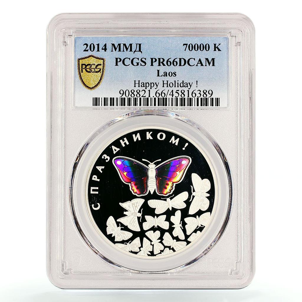 Laos 70000 kip Happy Holiday Butterfly PR66 PCGS hologram silver coin 2014