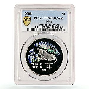 Niue 1 dollar Lunar Calendar Year of the Ox PR69 PCGS colored silver coin 2008